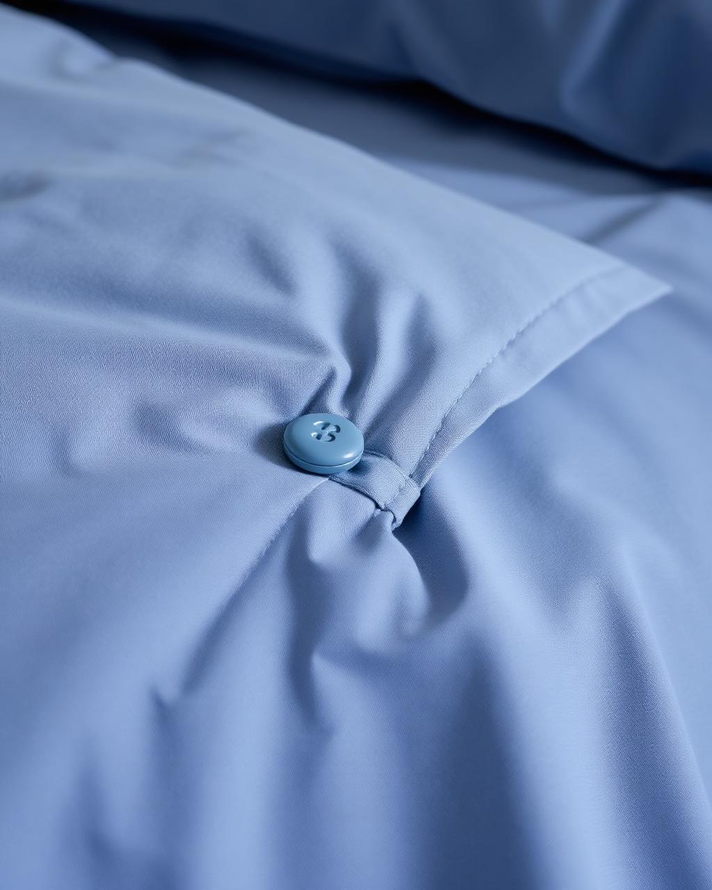 Close-up percale slate blue button closure