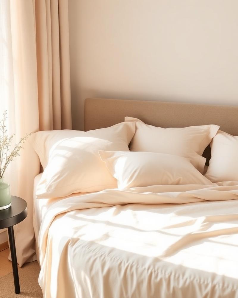 Sateen Bed Sheet Set in Ivory on bed