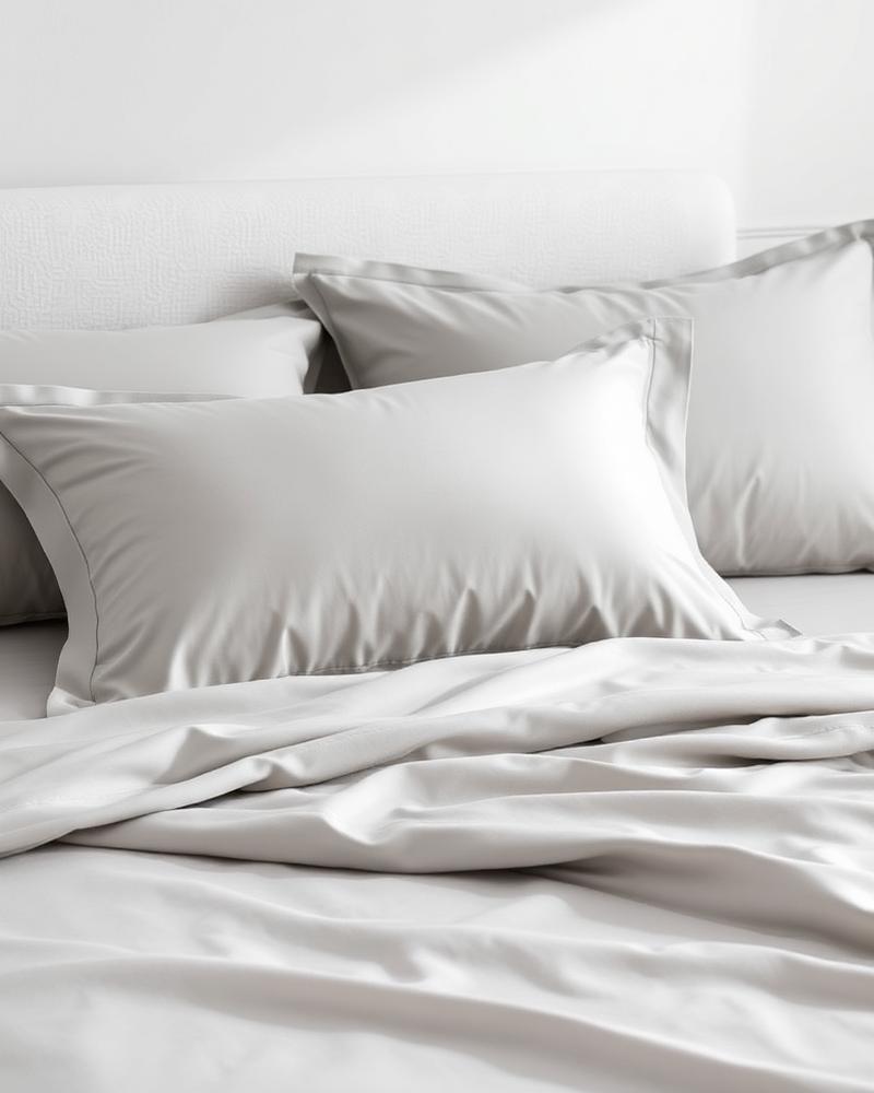 Sateen Pillowcase Set in Mist Grey on bed